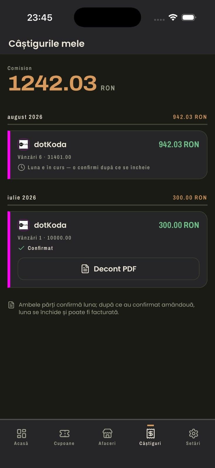 Ecranul de câștiguri din aplicația mobilă, cu decontul lunar și butonul de descărcare PDF