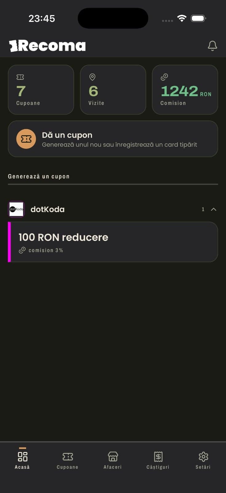 Panoul din aplicația mobilă de colaborator: cupoane date, vizite și comision curent