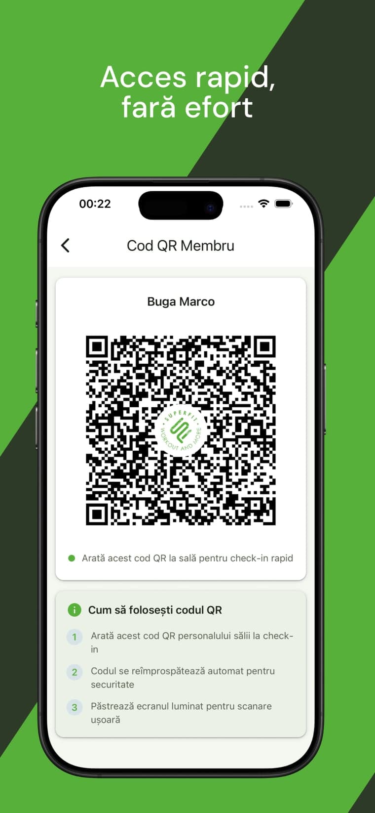 Ecranul cu codul QR de membru din aplicația mobilă, cu instrucțiunile de folosire la turnichet